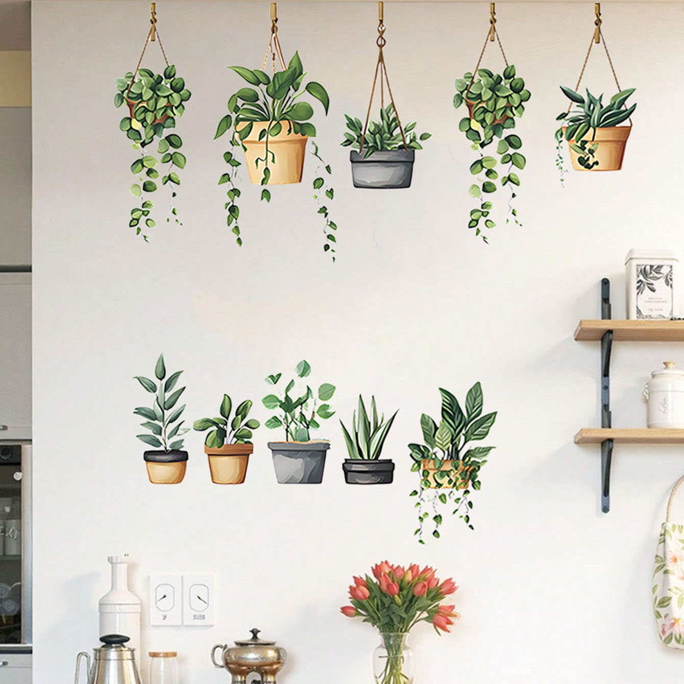 Home Office Layout - Hanging Green Potted Plant Wall Stickers